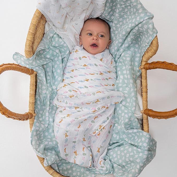 aden + anais Essentials Cotton Muslin Swaddle, Breathable Baby Blanket, Ideal for Boys, Girls, Newborns, Babies & Infants, Receiving Blanket, Soft and Lightweight Wrap, 4 Pack, Alphabet Animals