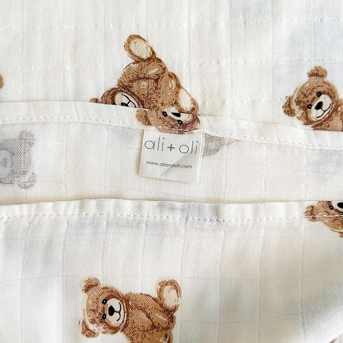Ali+Oli Muslin Swaddle Blanket for Baby (Teddy Bear) Large 47" x 47" Soft Rayon Made from Bamboo & Organic Cotton, Machine Washable Receiving Blanket Wrap for Newborn to Toddler
