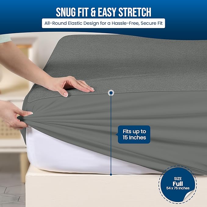 Utopia Bedding Waterproof Mattress Protector Full Size, Premium 200 GSM Terry Mattress Cover, Soft & Breathable Bed Cover, Fitted Sheet Style with Stretchable Deep Pockets 15" (Gray)