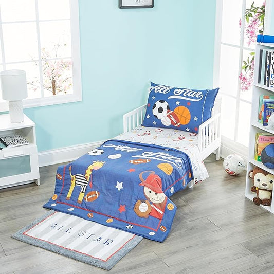 EVERYDAY KIDS 4 Piece Toddler Bedding Set - Jungle Sports - Soft 100% Cotton Percale - Includes Comforter, Flat Sheet, Fitted Sheet and Reversible Pillowcase