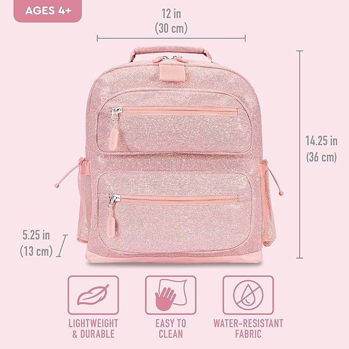 Bentgo Kids Glitter Backpack - Lightweight 14” Backpack for School, Travel & Daycare, Ideal for Ages 4+, Durable & Water-Resistant, Roomy Interior, & Loop for Lunch Bag (Glitter Edition - Petal Pink) | Lightweight, Backpack for School, Travel, Daycare,...