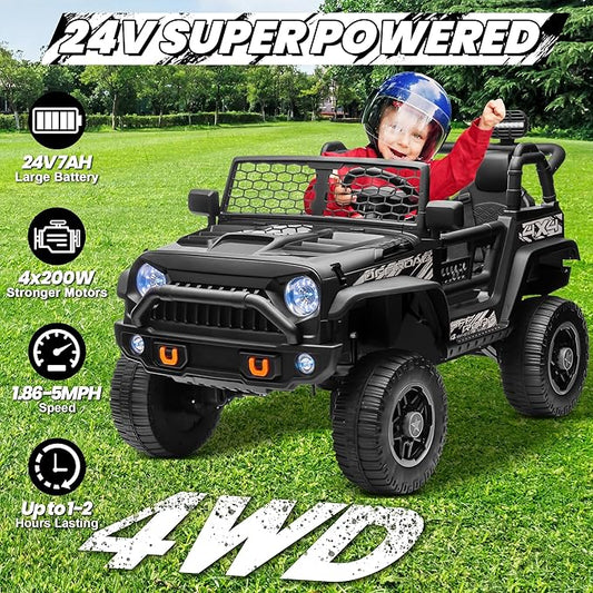 24V Ride On Toys for Big Kids, MOEYURO 2 Seater Ride on Cars with 4WD/2WD Switchable, 20'' Wide Seat, Ride on Truck w/Remote Control, 4-Wheeler Suspension, Power Car Wheelers for Kid Boys Girls, Black