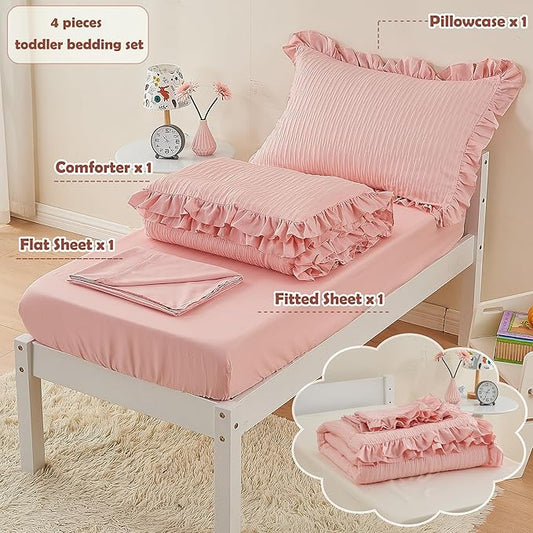 Cozyholy 4 Piece Textured Seersucker Toddler Bedding Set Girls Crib Sheets Set Pink Ruffle Baby Bed Comforter Set Lightweight Bed in a Bag | Include Comforter, Flat Sheet, Fitted Sheet, Pillowcase