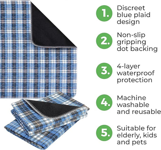 Bed Pads Washable Waterproof, Incontinence Bed Pads for Women and Men, Reusable Mattress Protector Underpads, Non-Slip, 36" x 34", Blue Plaid, 2 Pack