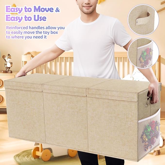 Mabahoo Extra Large Toy Box, Collapsible Sturdy Kids Toy Chest for Boys, Girls, 40"x14"x16" Storage Organizer Toddler Storage Bins with Lids, Toybox Basket for Living Room, Bedroom, Nursery, Beige