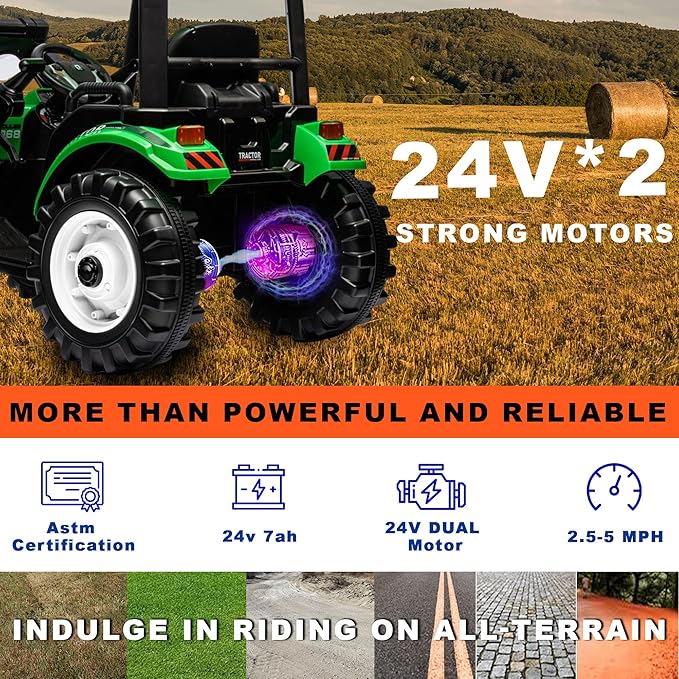 Kidsera 24V Kids Ride on Tractor with Trailer & Front Loader, 3 In1 Tractor 4-Gearbox 24volt Dual Motors Metal Frame, 24V Ride on Toys for Big Kids, Power Wheels Kids Electric Vehicles (Green)