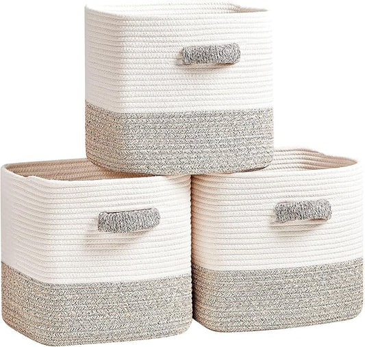 R RUNKA Storage Cube Baskets 3-Pack - 11 inch Square Baskets, Closet & Shelves Organizers - Woven & Drawer Storage - Ideal for Toys | White & Beige