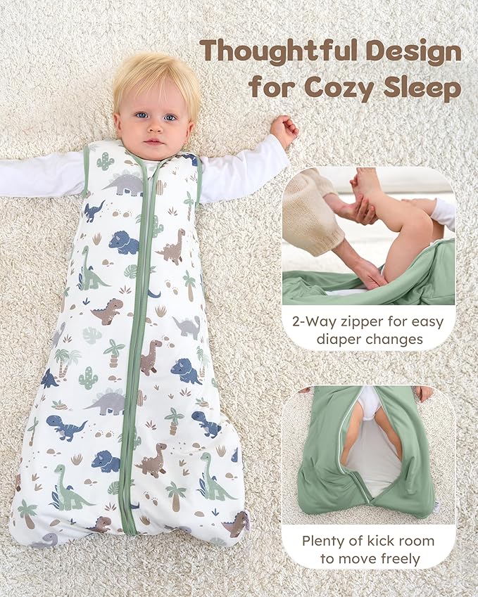 Rayon Made from Bamboo Baby Sleep Sack 6-12 Months, 1.0 Tog Baby Wearable Blanket, Soft Sleeping Bag for Newborn Infant Babies with 2-Way Zipper 2 Pack (Medium) Green Dinosaur