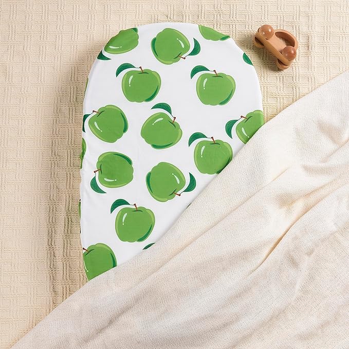 TILLYOU Baby Bassinet Sheets for Girls Boys, Fit for Hourglass Oval Rectangle Bassinet Mattress Sheets, 33”X16”, 2 Pack Green Apple & Fruit Green