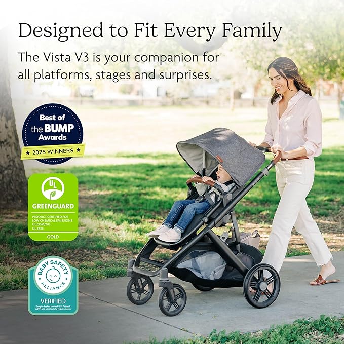 UPPAbaby Vista V3 Stroller - Full-Size Single-to-Double Stroller System - Toddler Seat, Bug Shield, Rain Shield, and Storage Bag Included - Callum (Stone Blue/Silver Frame/Sand Leather)