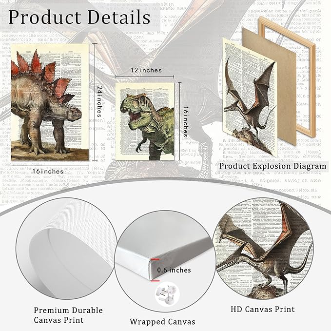 Ovczax 3 Pieces Dinosaur Wall Art - Dinosaur Room Decor, Tyrannosaurus Rex, Pterodactyl, Stegosaurus Canvas Wall Art Poster 16" x 12" In