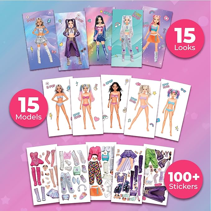 BSCOOL Sticker Dress up K-Pop - Sticker Activity Book for Kids. Learn Girls Fashion Design with Stickers and Guides for Kids 5 and up. Little Designer Creativity Book. K-Pop Singer Performance