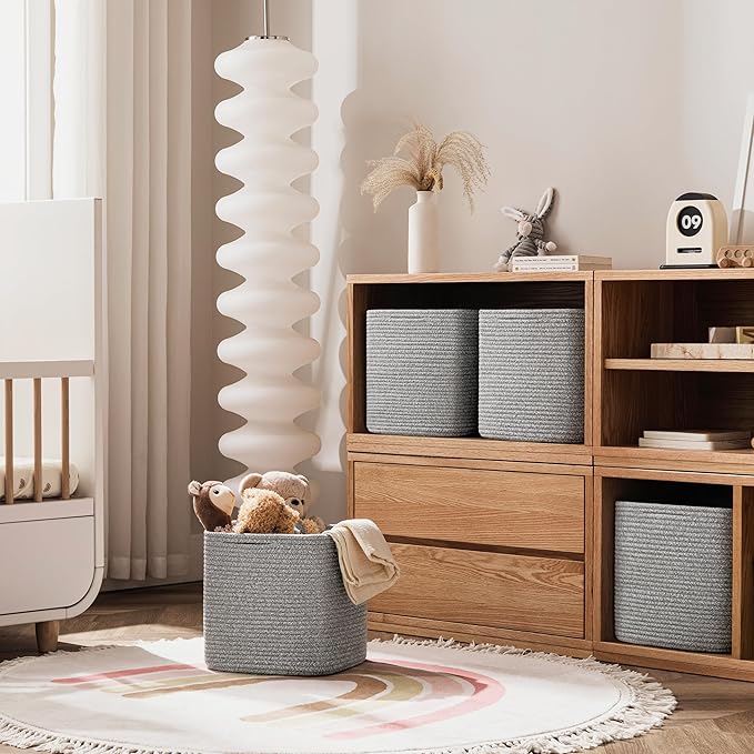 joybest 11inch Cube Storage Bins Set of 4, Cotton Rope Woven Organizer Basket for Shelves, Cube Bin Square Shelves Organizer Closet Storage, Nursery, Toy Organization, Gray