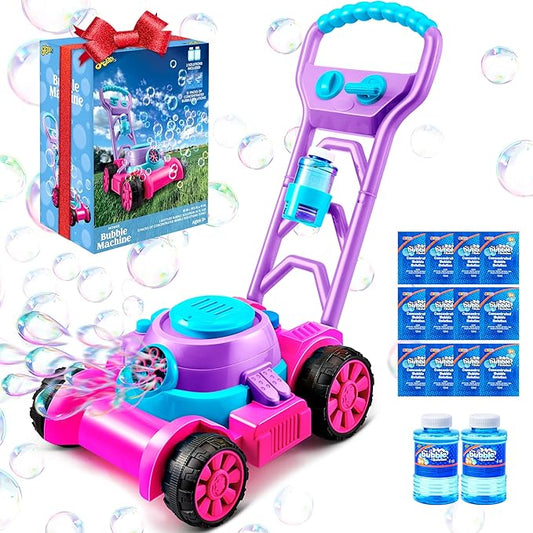 SLOOSH Bubble Lawn Mower Toddler Toys - Spill-Proof Bubble Machine Pretend Gardening Toy for Age 1 2 3 1-3 Year Old Toddler Indoor Outdoor Use, Baby Girl Push Toys Xmas Christmas Birthday Gift (Pink)