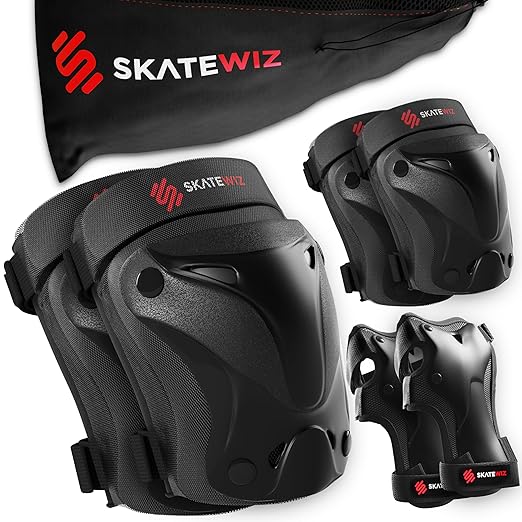SKATEWIZ Knee Pads for Kids - Knee and Elbow Pads Set - PROTECT-1 - Size M Black - Wrist Guards Skating Protective Gear, Skateboard, Roller Skate, Ice Skates For Kids