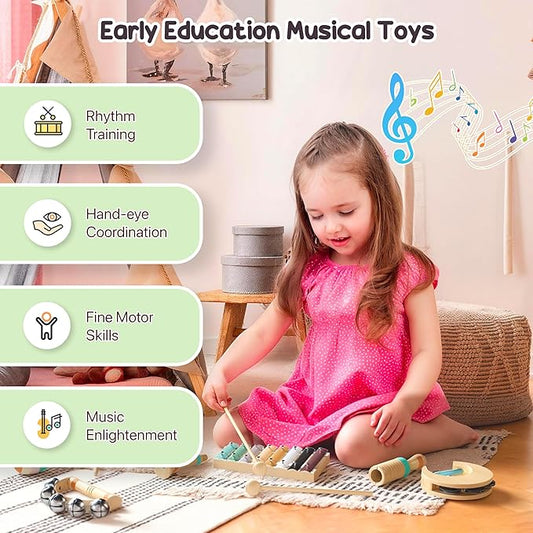 Toddler Musical Instruments-Musical Toys Montessori Wooden Toys for Toddlers 1-3 , Baby Musical Instruments with Modern Boho Xylophone Toddler Toys Birthday Gifts for Kids Preschool Educational 3+