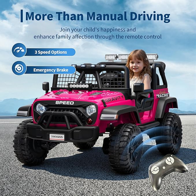 24V 2-Seater Kids Electric Truck with Parent Remote Control, 100Min Ride-on Car, 4WD Dual Motor, 2 Speeds, Spring Shock Absorber, LED Headlights, Siblings Gift Kids Electric Vehicle, Rose