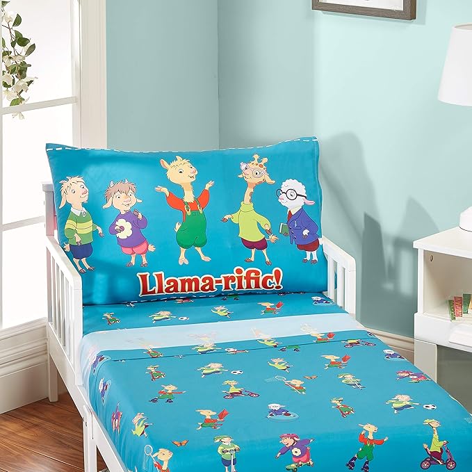 EVERYDAY KIDS Llama Llama 4 Pc Toddler Bedding Set with Comforter, Flat Sheet, Fitted Sheet and Pillowcase Bright Blue Toddler Bed Set Features Llama Llama and Friends