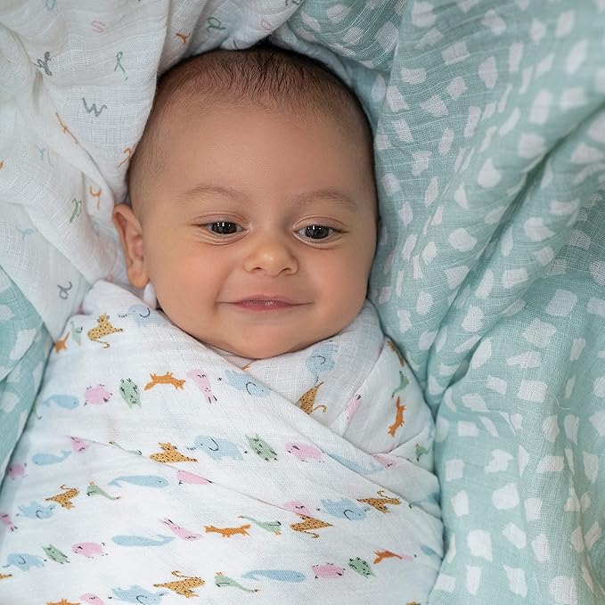 aden + anais Essentials Cotton Muslin Swaddle, Breathable Baby Blanket, Ideal for Boys, Girls, Newborns, Babies & Infants, Receiving Blanket, Soft and Lightweight Wrap, 4 Pack, Alphabet Animals