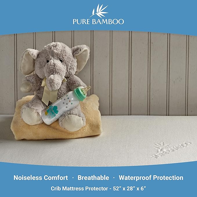 Bamboo Crib Mattress Protector by Pure Bamboo, Waterproof - Breathable, Noiseless Mattress Cover Pad Protects Against Moisture & Stains - Fits 52x28x6 inch Mattress