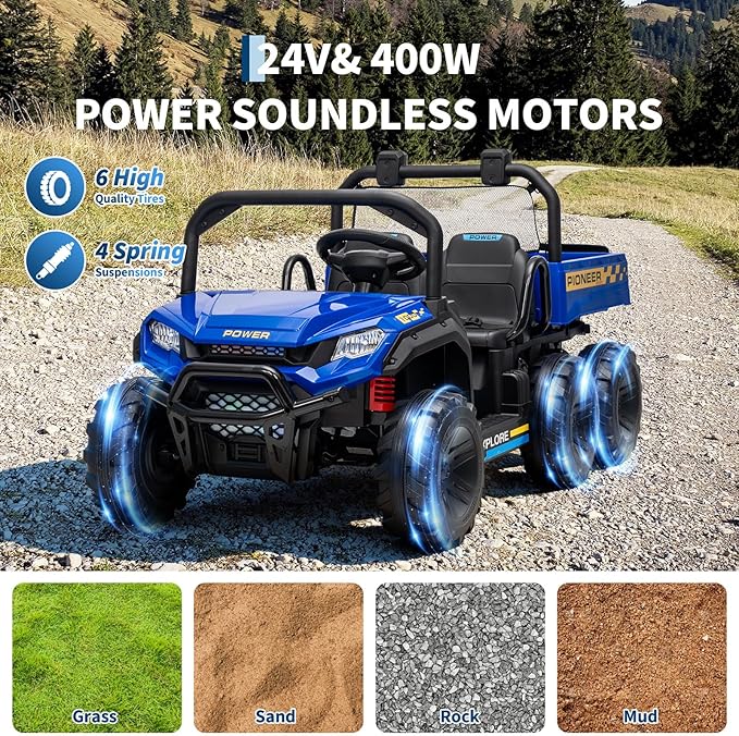 24V 4WD Electric Ride-on Dump Truck for Kids, 2-Seater with Parental Remote Control, 3 Speeds, All-Terrain Off-Road Toy Car for Boys Girls, Blue