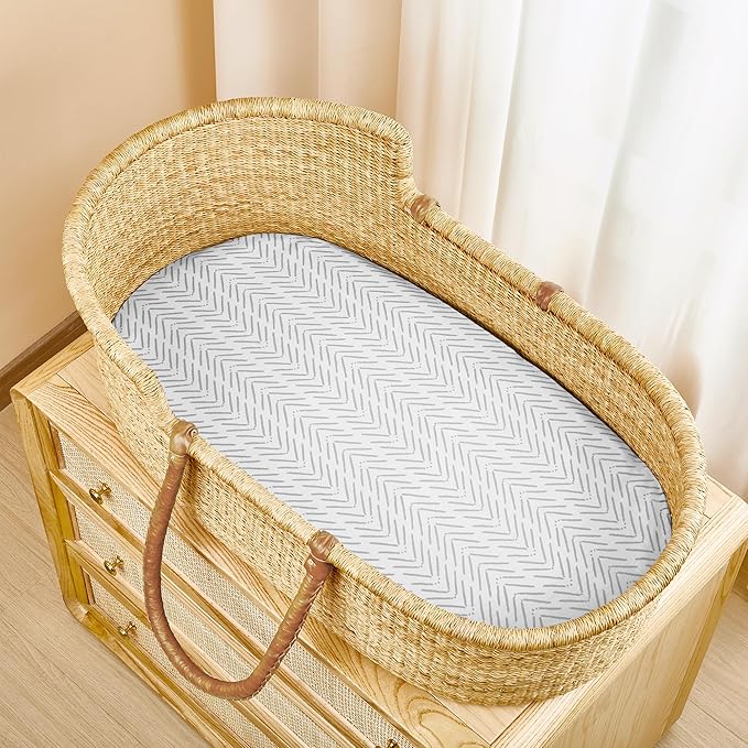 TILLYOU Baby Bassinet Sheets for Girls Boys, Fit for Hourglass Oval Rectangle Bassinet Mattress Sheets, 33”X16”, 2 Pack Jungle Walk and White Stripes