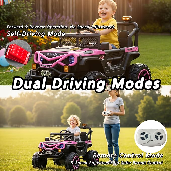 12V Kids Ride On Jeep-Style Car with Remote Control, Bluetooth Music & Stories, LED Headlights, Shock Absorption, Double Doors with Lock, Safe Speed, Battery Powered Electric Vehicle for Boys & Girls