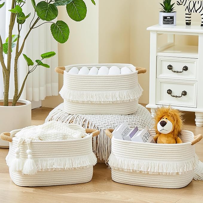 BUBUSUN Storage Bins Woven Baskets for Storage Set of 3, Cotton Rope Basket with Handles for Toys/Shelves/Laundry, Rectangle Multi-Purpose Organizer for Living Room, Bedroom, Nursery (White)