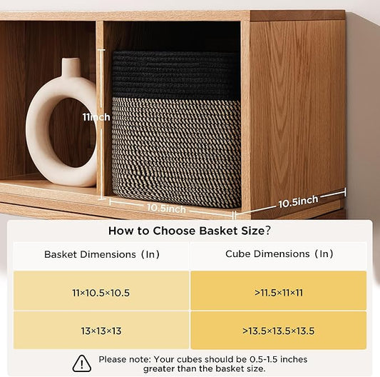 joybest 11inch Cube Storage Bins Set of 4, Cotton Rope Woven Organizer Basket for Shelves, Cube Bin Square Shelves Organizer Closet Storage, Nursery, Toy Organization, Black&Dark Brown