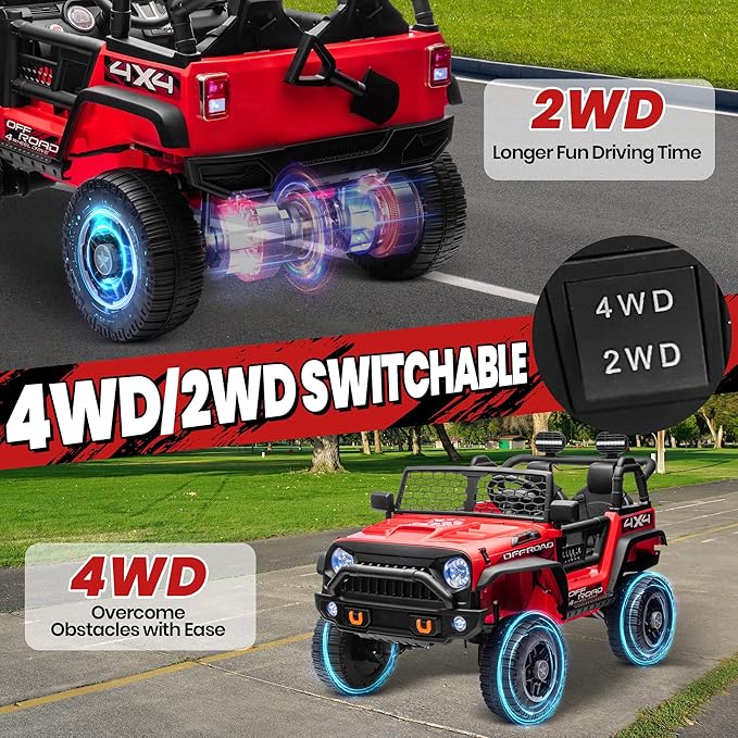 24V XL 2 Seater Ride On Toys Car for Big Kids, 4WD/2WD Switchable Electric Truck w/20'' Wide Seat, Remote Control, 4-Wheeler Suspension, Xmas & Birthday Gift Ideas for Kid Boys Girls, Red