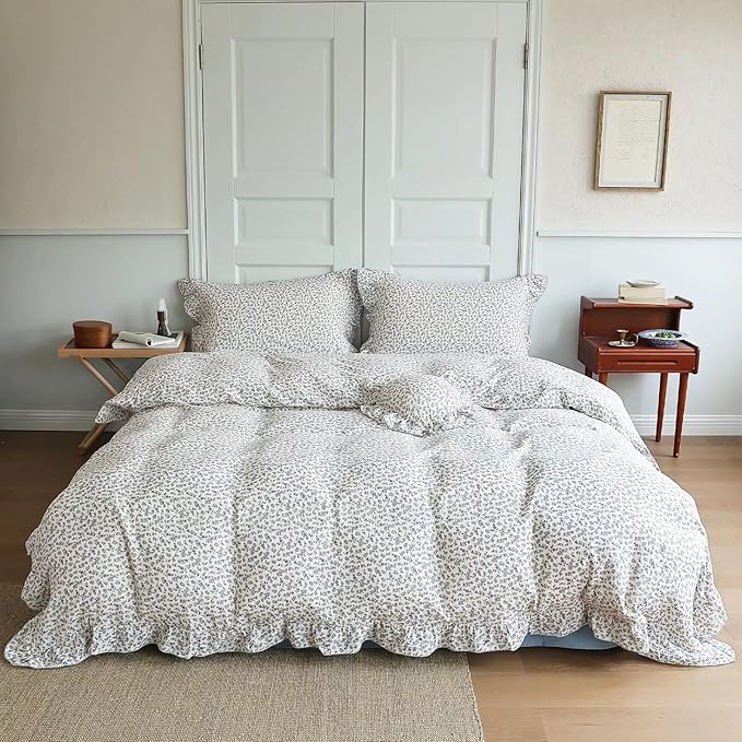 BuLuTu Blue Floral Print Duvet Cover Full Bed Comforter Cover 79"x90", Cotton Muslin Quilt Cover with Ruffles Chic Princess Bedding Duvet Cover with Zipper, No Pillow Cases/Filling