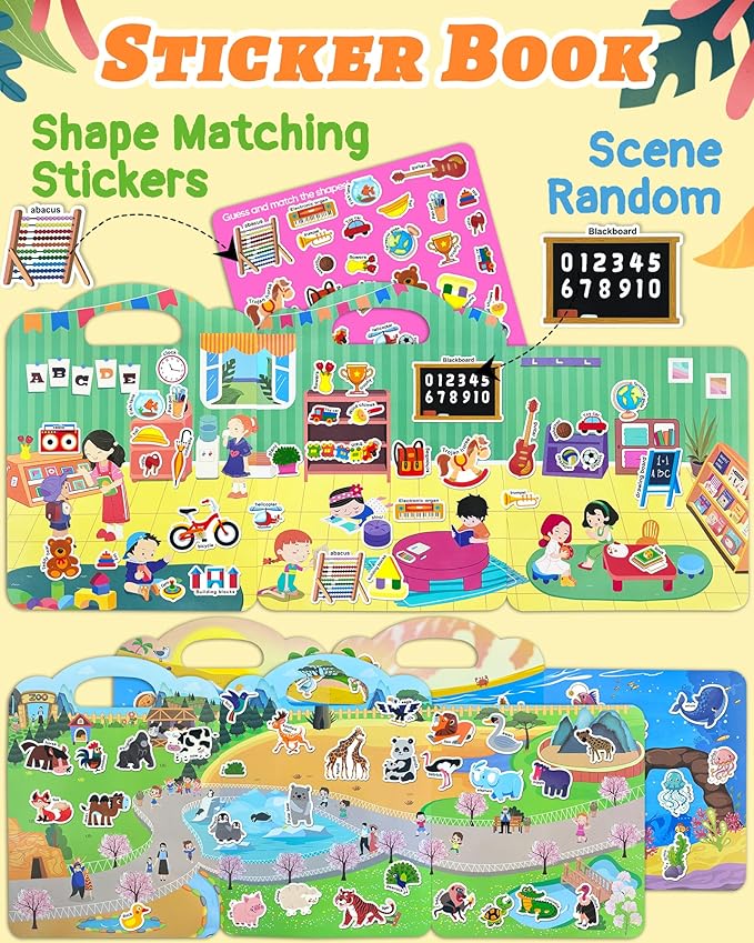 Benresive Reusable Sticker Books for Toddlers, 3 Sets Travel Stickers for Kids, Toddler Sticker Book, Crafts Activities for Toddlers, 3 and Up Birthday Gifts Travel Toys