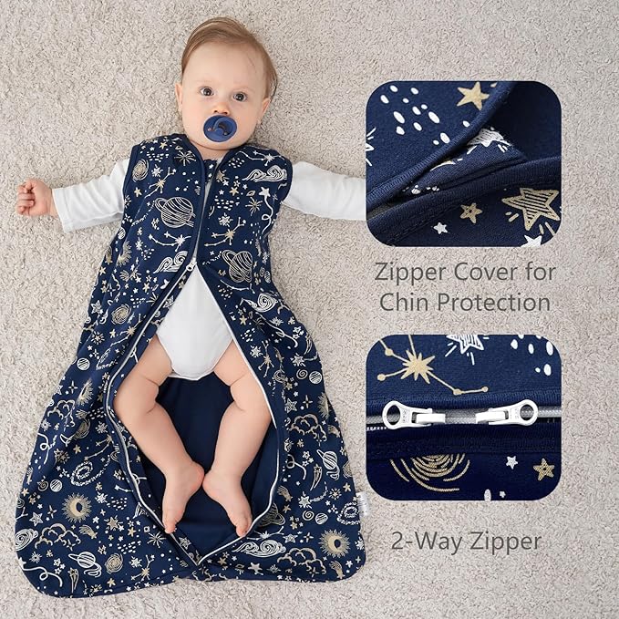 Baby Sleep Sack 12-18 Months, 100% Cotton Sleeping Sack for Newborn and Infant, 3 Pack Baby Wearable Blanket, 0.5 Tog Lightweight Double Zipper Sleep Bag Blue Sky