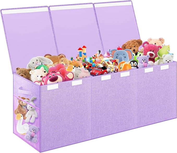 Mabahoo Extra Large Toy Box, Toy Chest for Kids Boys Girls, Collapsible Sturdy Storage Organizer with Mesh Pockets, 40"x14"x16" Kids Box Bins Baskets for Nursery, Playroom, Purple