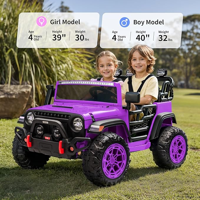 2 Seater Ride on Electric Car, 12V Ride on Toy Car for Kids 4-8 w/Remote Control, EVA Tires - Purple