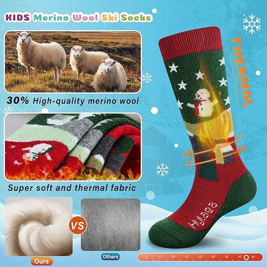 Hylaea Merino Wool Ski Socks Kids, Knee-high Warm Thermal Snowboard Skating Socks for Boys Girls Toddler