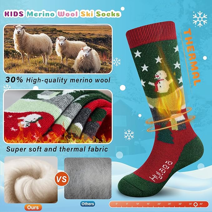 Hylaea Merino Wool Ski Socks Kids, Knee-high Warm Thermal Snowboard Skating Socks for Boys Girls Toddler
