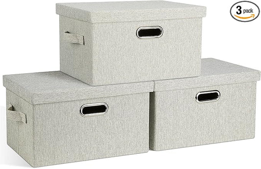 Graciadeco Medium 15" 21 Quart Collapsible Stackable Storage Bins with Lids, 3 Packs Beige Foldable Fabric Closet Boxes Heavy-duty Linen Cube Baskets Container for Bedroom Office (15 x 11 x 8)