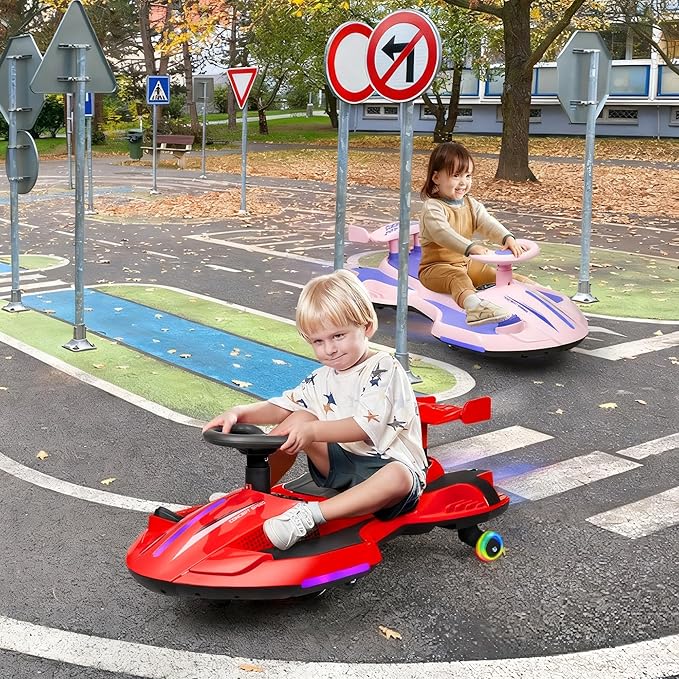 12V Electric Wiggle Car with Pedal for Kids, Rechargeable 2 in 1 Swing Car, Drifting Ride On Toys with Backrest, Anti-Rollover, Spray, Flashing Light, Music, for Ages 3 and Up