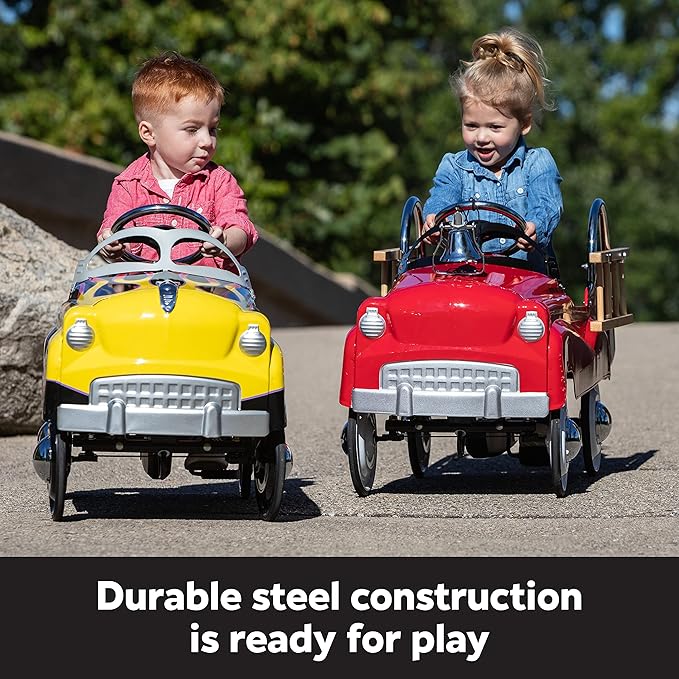 Kid Trax Fire Truck Pedal Car for Toddlers, Ages 3-5, Easy Assembly, Durable Steel, Indoor/Outdoor Ride-On, 60lbs Max, Classic Style, Functional Steering, Red, Kids Fire Truck Ride-On, Vintage