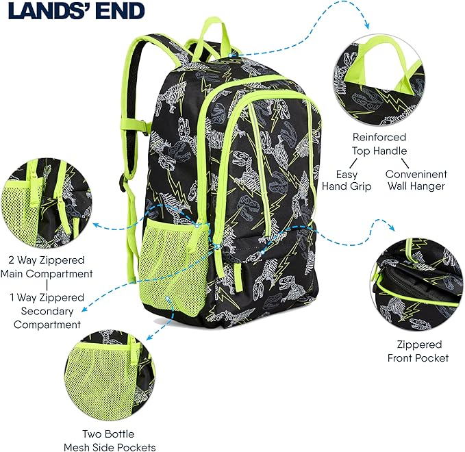 Lands' End Unisex Kids Large ClassMate Lightweight Durable Elementary School Backpack, Black Highlight