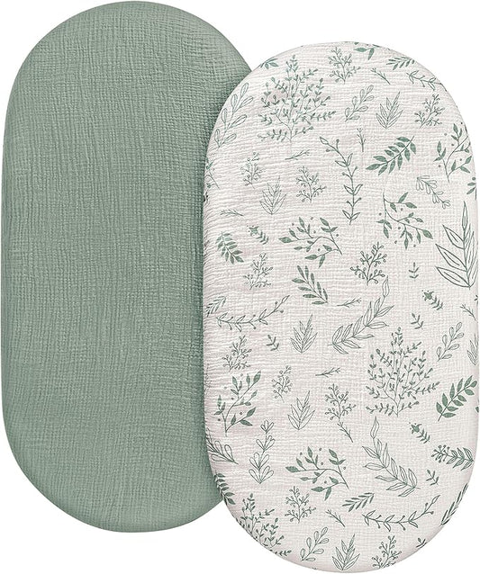 Muslin Bassinet Fitted Sheets, 2 Pack for Baby Boy and Girl, Soft Breathable Stretchy Baby Pad/Mattress Sheet Set, Universal Fit for Hourglass Oval and Rectangle Bassinet Mattress (Bright Leaves)