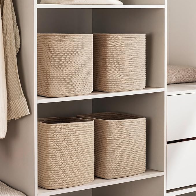joybest 11inch Cube Storage Bins Set of 4, Cotton Rope Woven Organizer Basket for Shelves, Cube Bin Square Shelves Organizer Closet Storage, Nursery, Toy Organization, Brown