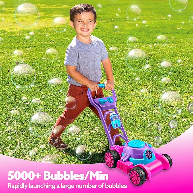 SLOOSH Bubble Lawn Mower Toddler Toys - Spill-Proof Bubble Machine Pretend Gardening Toy for Age 1 2 3 1-3 Year Old Toddler Indoor Outdoor Use, Baby Girl Push Toys Xmas Christmas Birthday Gift (Pink)