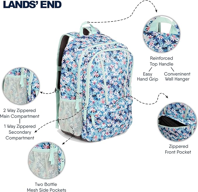 Lands' End Unisex Kids Large ClassMate Lightweight Durable Elementary School Backpack, Peacock