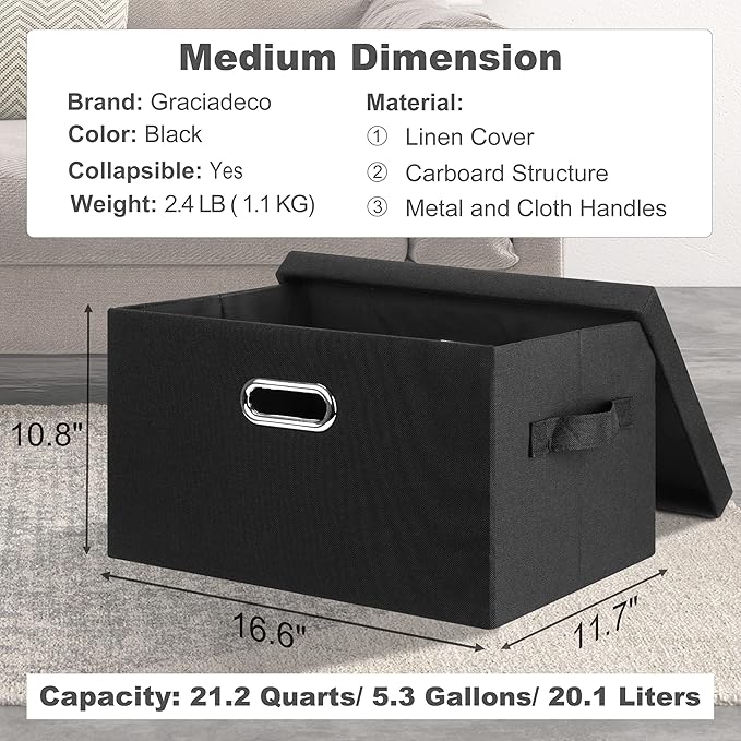 Graciadeco Medium 15" 21 Quart Collapsible Stackable Storage Bins with Lids, 5 Packs Black Foldable Fabric Closet Storage Boxes with Lids, Lidded Heavy-duty Linen Baskets(15x11x8)