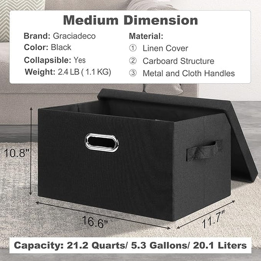Graciadeco Medium 15" 21 Quart Collapsible Stackable Storage Bins with Lids, 5 Packs Black Foldable Fabric Closet Storage Boxes with Lids, Lidded Heavy-duty Linen Baskets(15x11x8)