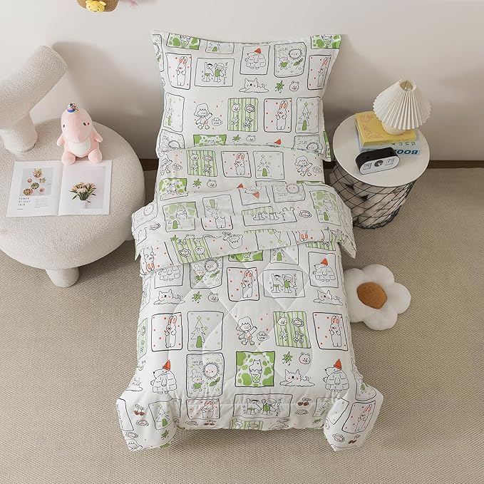 Caressma Twin Size Comforter Set 5 Pieces Bed-in-a-Bag,Soft Comforter Print Green Animals & Trees.Includes Comforter,Fitted Sheet,Flat Sheet,Pillow Case & Pillow Shame for Baby and Kids