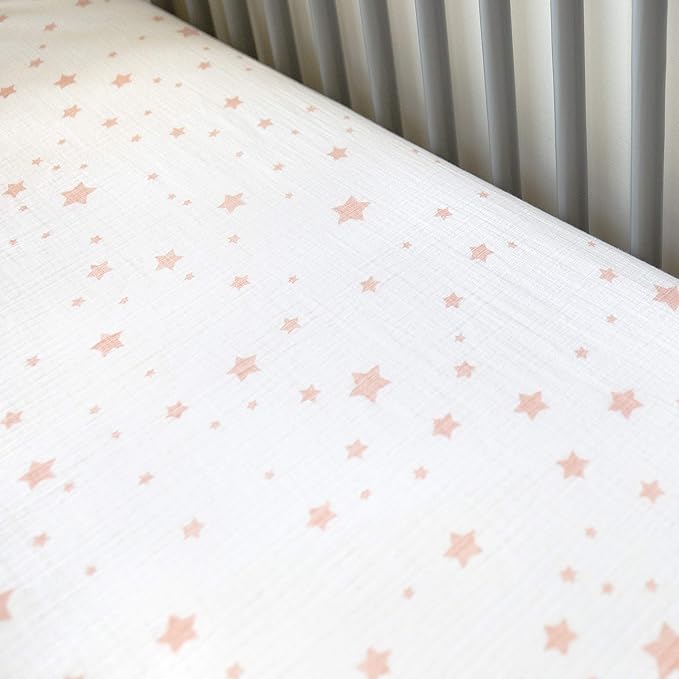 Newton Baby Fitted Mini Crib Sheets (2-Pack) | Organic Muslin Cotton, Breathable & Soft Baby Sheets, Washable Baby Mattress Sheets, Fits Mini Crib Mattresses 24" x 38", Stardust Coral & Plain White