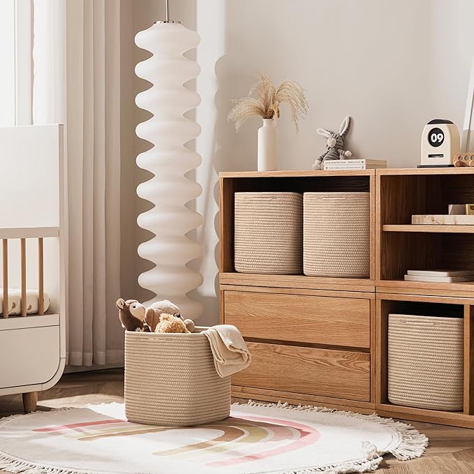 joybest 11inch Cube Storage Bins Set of 4, Cotton Rope Woven Organizer Basket for Shelves, Cube Bin Square Shelves Organizer Closet Storage, Nursery, Toy Organization, Brown